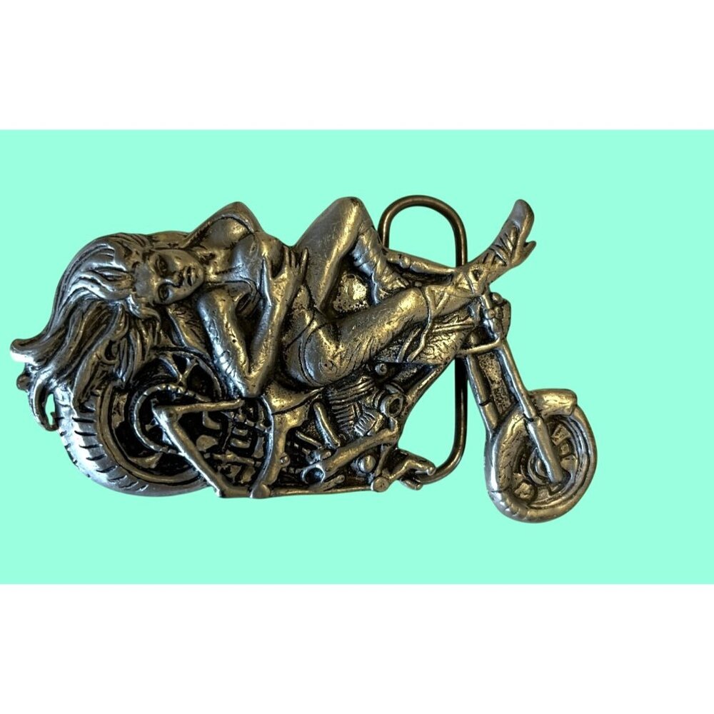 Vintage 2006 Hot Leathers Motorcycle Belt Buckle With Woman Design